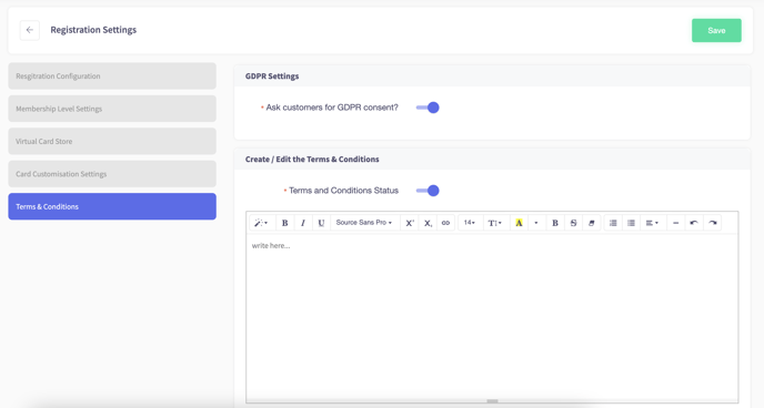 CRM - Registration Settings - Terms & Conditions