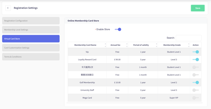 CRM - Registration Settings - Virtual Card Store